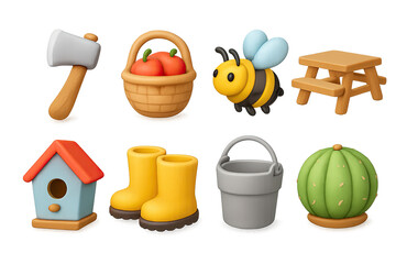 Fototapeta premium Cute clay icons of gardening tools and nature elements set on textured backgr…