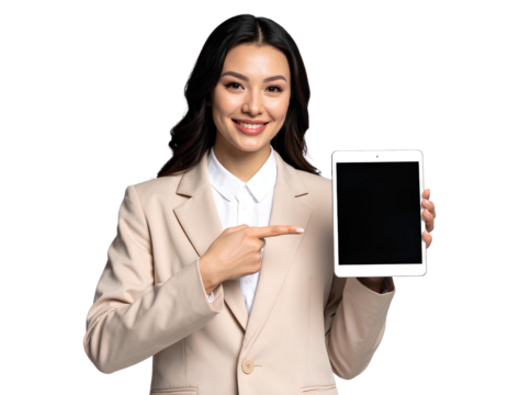 Smiling Businesswoman in Beige Formal Suit Holding Tablet and Pointing at It on Transparent Background.