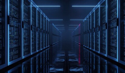 A long corridor with servers on each side lit by neon lights