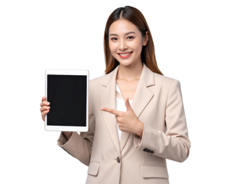 Smiling Businesswoman in Beige Formal Suit Holding Tablet and Pointing at It on Transparent Background. - Powered by Adobe