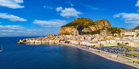 Aerial view of Cefalu, on the Tyrrhenian coast of Sicily, Italy