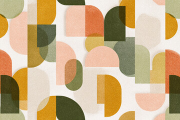 mid century modern geometric pattern with irregular arches and rounded rectangles in pastel peach sage green and warm mustard palette flat retro illustration on soft ivory background