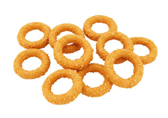 Isolated Pile of Golden Onion Rings, Battered and Fried, Ready to Eat as Snack
