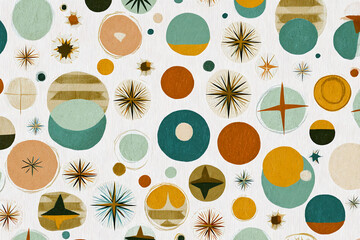 mid century modern freeform geometric pattern with overlapping circles triangles and star motifs in clay teal and ochre tones minimal retro illustration on light beige background