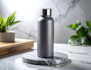 Black Metal Bottle on Marble Platform Against Light Background