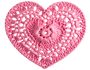 Pink crocheted heart shape with intricate pattern handmade isolated on a transparent background.