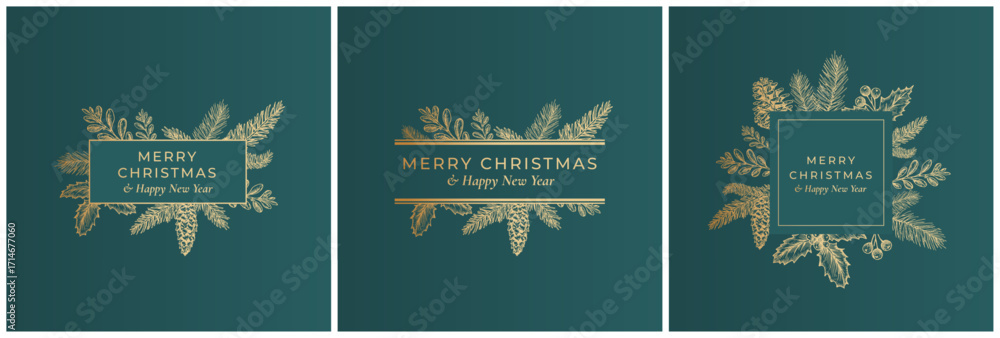 Wall mural merry christmas abstract botanical card collection with rectangle frame banners and modern typograph