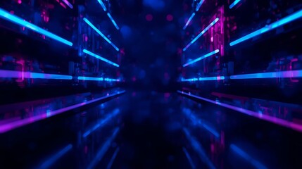 Journey through a futuristic digital corridor with glowing blue and purple neon lights, representing the metaverse and cyberspace