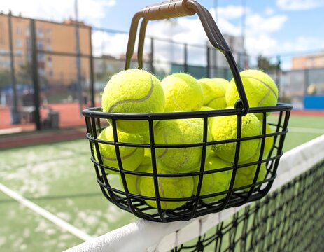 A black metal basket filled with bright yellow tennis balls is positioned on a tennis court.