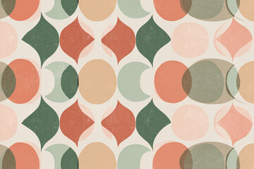 mid century modern geometric pattern with repeating diamonds and semicircles in muted sage green and dusty peach tones flat retro illustration on pale beige background 