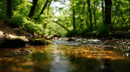 Fototapeta premium Sunlit forest stream with clear water flowing over mossy rocks, dappled light through canopy creating soft light shafts