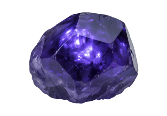 A vibrant, multifaceted amethyst crystal radiates intense purple light against a stark black background.