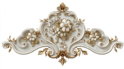 Ornate baroque style stucco decoration with gold accents, isolated on white background, showcasing intricate floral design