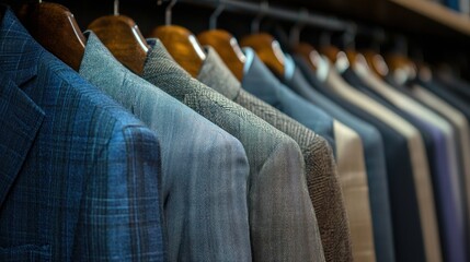 A row of men's suits hanging on a rack in a clothing store.