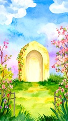Watercolor garden archway under a vibrant sky