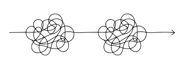 A single line forms two tangled knots, then straightens into an arrow, symbolizing a complex journey