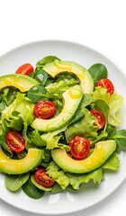 A salad featuring avocado slices cherry tomatoes and lettuce in a white bowl drizzled with oil