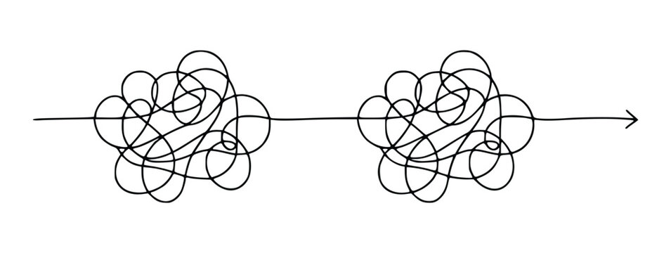 A single line forms two tangled knots, then straightens into an arrow, symbolizing a complex journey
