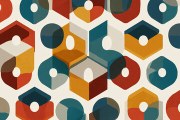 mid century modern geometric pattern with bold hexagons and half moons in soft mustard deep teal and clay red palette flat retro illustration on pale cream background