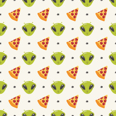 Seamless pattern with cartoon alien heads and pizza slices. Funny cosmic print for textile, fabric, wallpaper, card, stationery, background, party decoration.