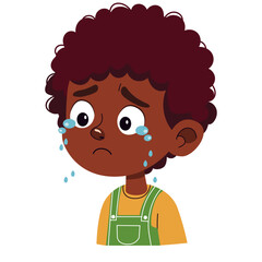 Young sad african american boy crying with tears streaming down his face, depicting sadness and emotional distress for child psychology resources.