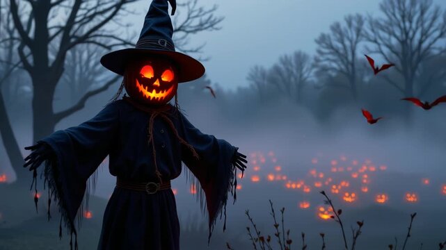 Eerie Halloween Scene: A spooky pumpkin-headed scarecrow stands in a mist-shrouded field, surrounded by glowing jack-o'-lanterns and fluttering bats, creating a thrilling atmosphere of Halloween.