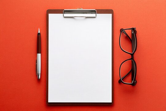 a blank white clipboard with glasses and a pen on an orange background, in a flat lay style.