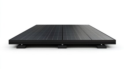 A black solar panel on a white background. The panel is rectangular and has a glossy finish. The background is plain and white, which highlights the solar panel.