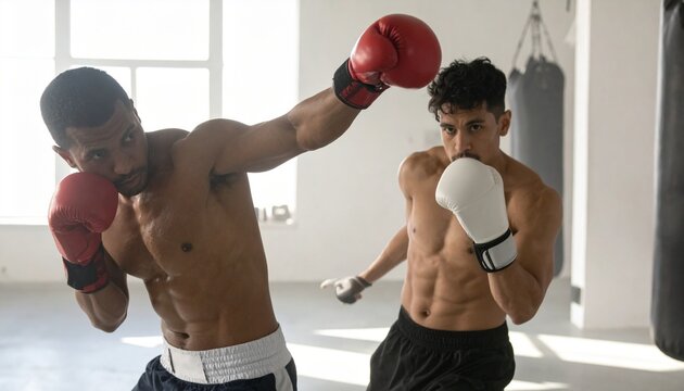 Muscular boxer hitting focus mitts trainer showing precise punching combinations footwork