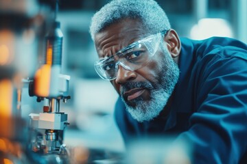 Middle-aged locksmith analyzing testing machinery data in aero-hydrodynamic lab