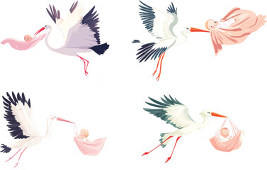 a cartoon stork flying with a baby girl in a pink blanket, on a white background. a cute vector illustration for a children's book, with no shadow on the ground