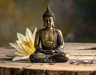 Buddha statue with lotus flower on wooden surface
