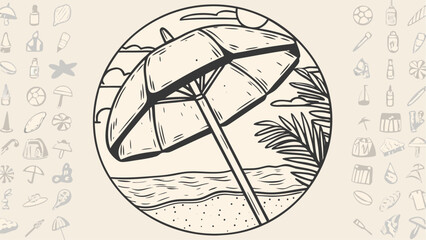 Illustration of a beach scene with a large umbrella palm tree sun and waves in a circular frame design