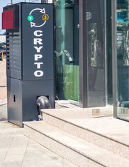 Shot of the crypto currency exchanger with rates displayed on the screen. Finance