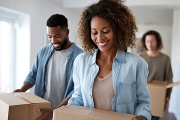 Moving day excitement as young Hispanic family embraces new beginnings in their vibrant home