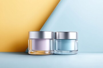 Bright and colorful mockup of acne treatment cream jars on a vibrant backdrop for skincare advertising
