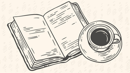 Open book with blank pages and a cup of coffee on a saucer in a monochrome line art illustration