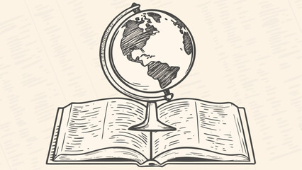 Globe atop an open book with visible continents and sketched design creating a vintage educational feel