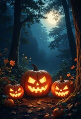 Halloween Pumpkin In A Mystic Forest At Night