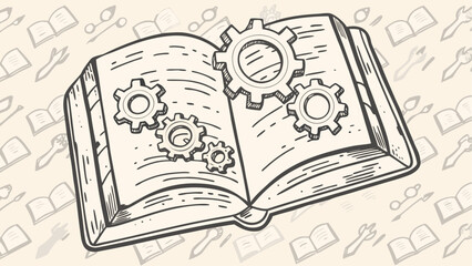 Open book with gears on pages and background with books and tools in a sketch style illustration
