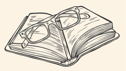 Illustration of glasses resting on an open book with visible pages and a light background color tone
