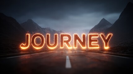 Vibrant glowing word journey illuminated on a road leading to mountains