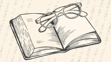 Illustration of open book with visible pages and glasses on top with hieroglyphics background design
