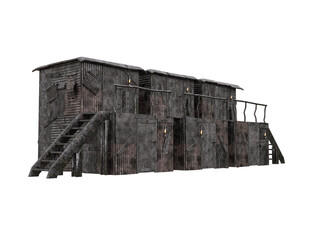 Post apocalyptic shelter with two stories built from sheets of scrap metal and wood. Isolated 3D render.