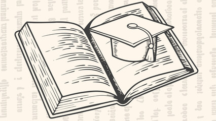 Open book with graduation cap placed on its pages showcasing academic achievement and scholarly pursuits