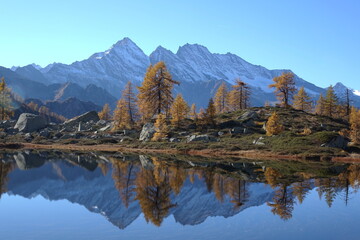 Laghi alpini in autunno, Valle Orco, Parco Nazionale Gran Paradiso: riflessi dorati di larici e vette innevate in un sereno paesaggio montano