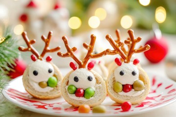Festive reindeer-themed holiday desserts with cream and pretzel antlers on a decorative christmas plate