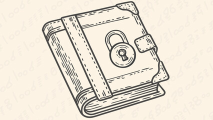 Illustration of a closed and locked book with a strap and metal corners in a line art style drawing
