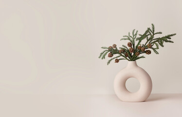 Coniferous branch with cones. White minimalist ceramic vase in Scandinavian style.