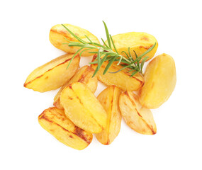 Tasty baked potatoes with rosemary isolated on white, top view